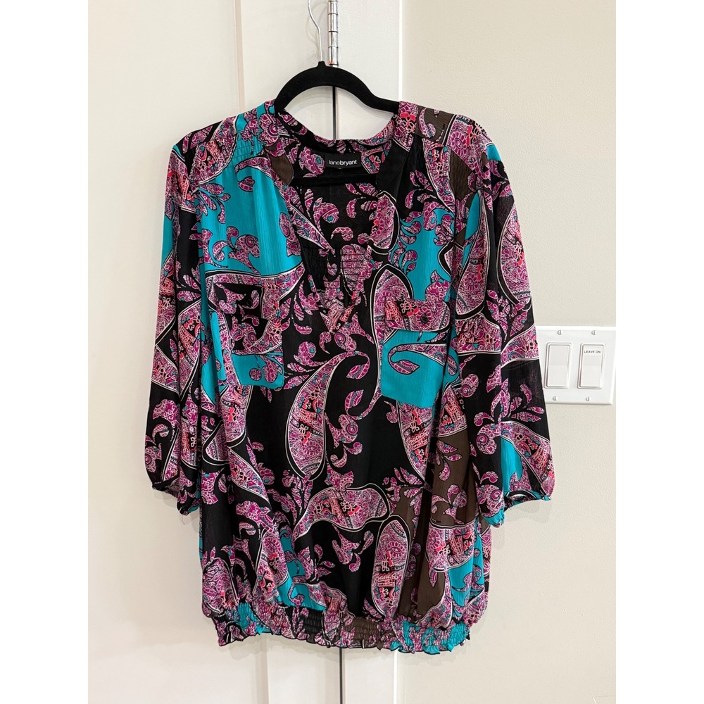 Lane Bryant Womens 5X Paisley Split Neck Blouse 3/4 Sleeve Smocked Hem
